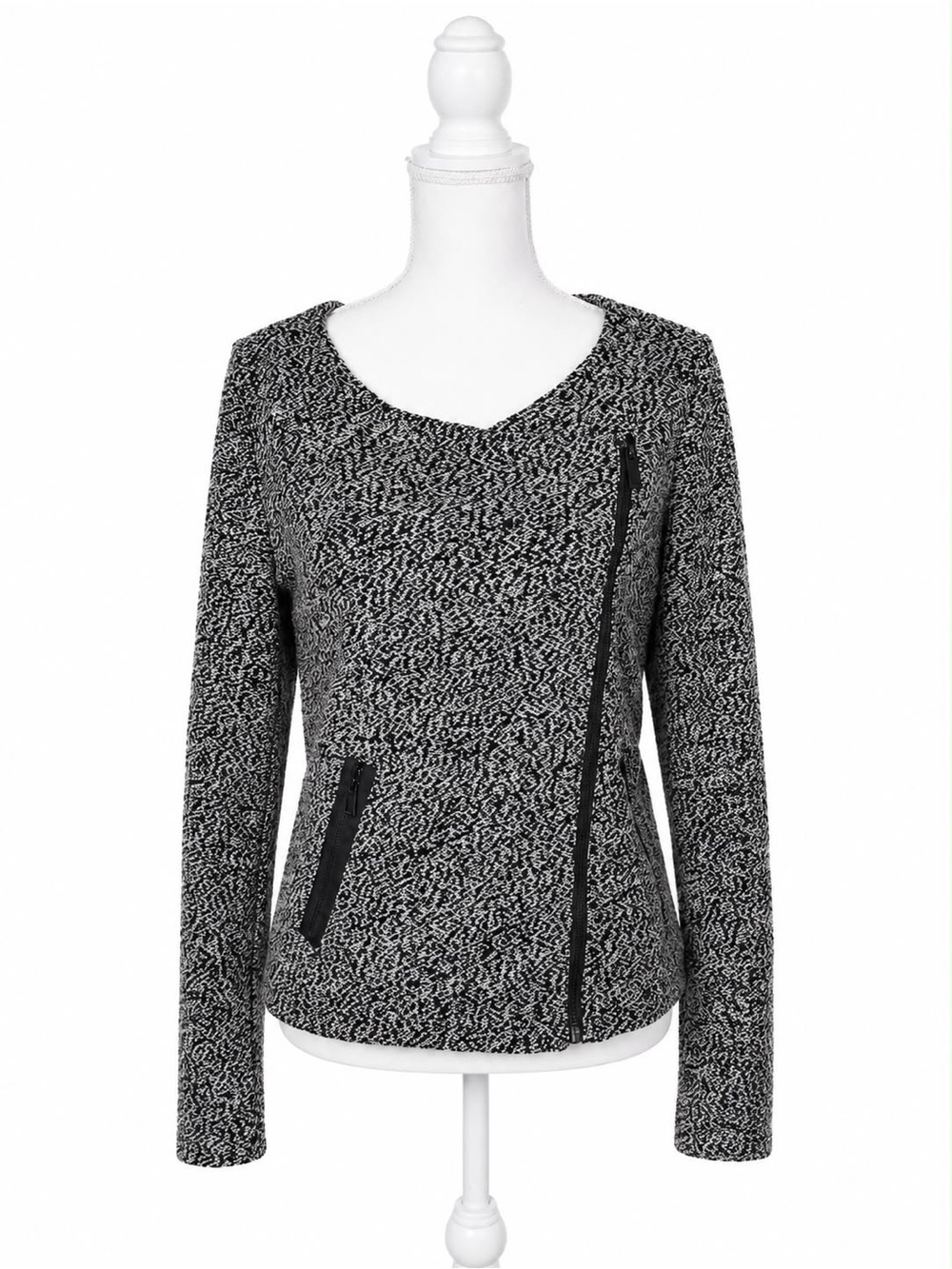 Amisu Black & White Textured Zip-Front Jacket